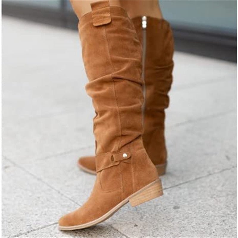Women's Block Heel Knee High Boots with a Gathered Shaft | Pull On Entry, Almond Toe | Sizes 3-12, 3 Colors