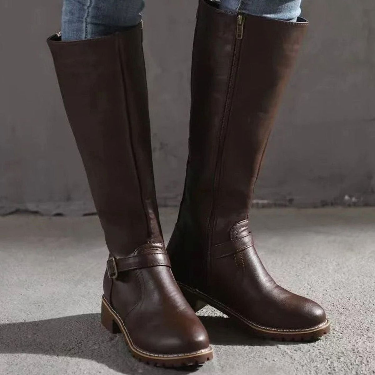 Women's Knee-High Buckle-Strap Riding Leather Boots