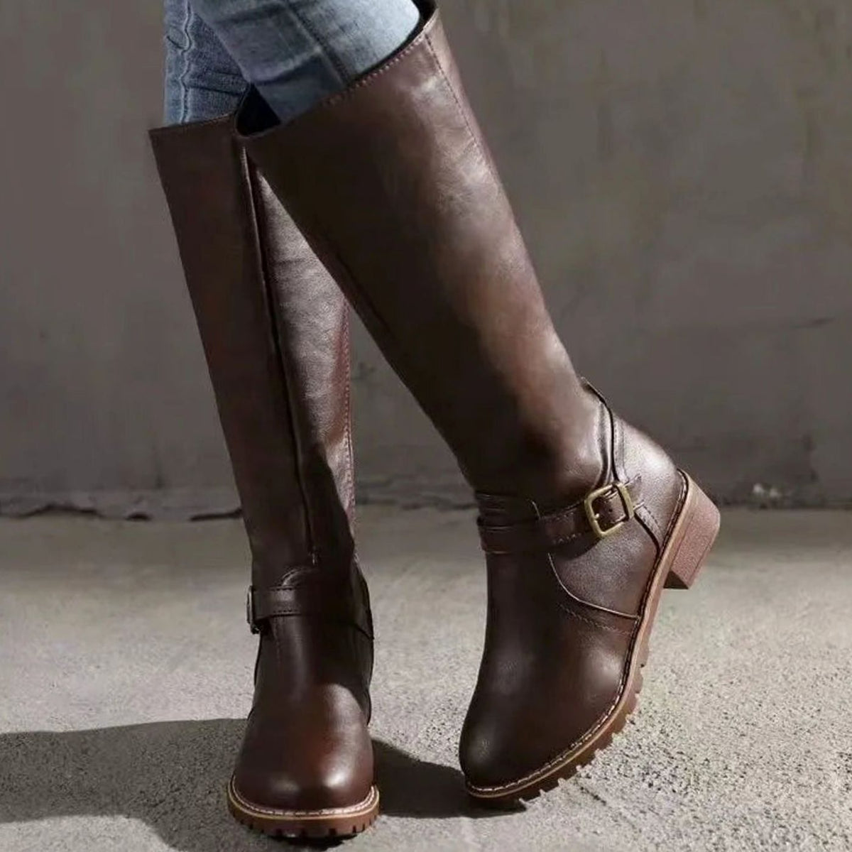 Women's Knee-High Buckle-Strap Riding Leather Boots