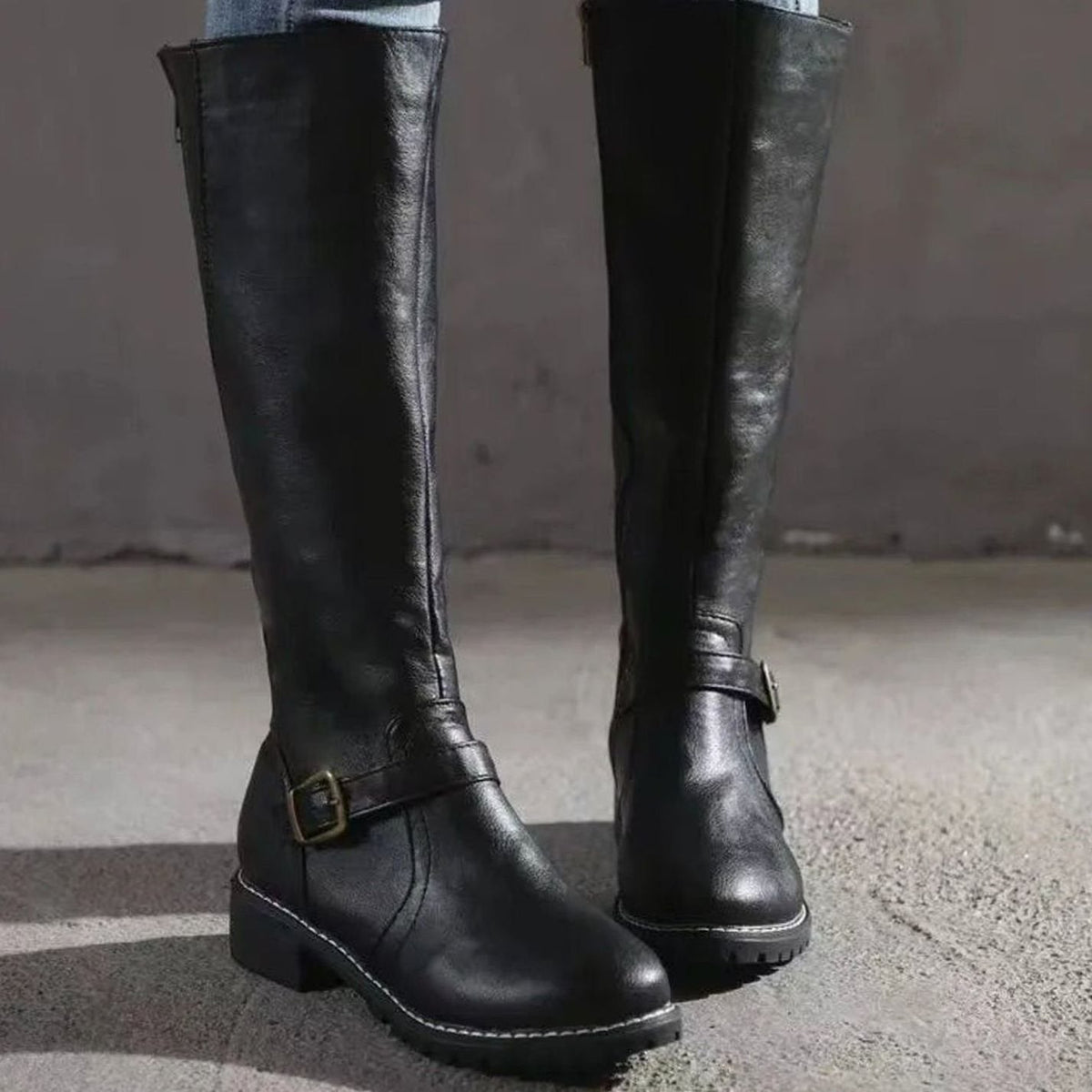 Women's Knee-High Buckle-Strap Riding Leather Boots