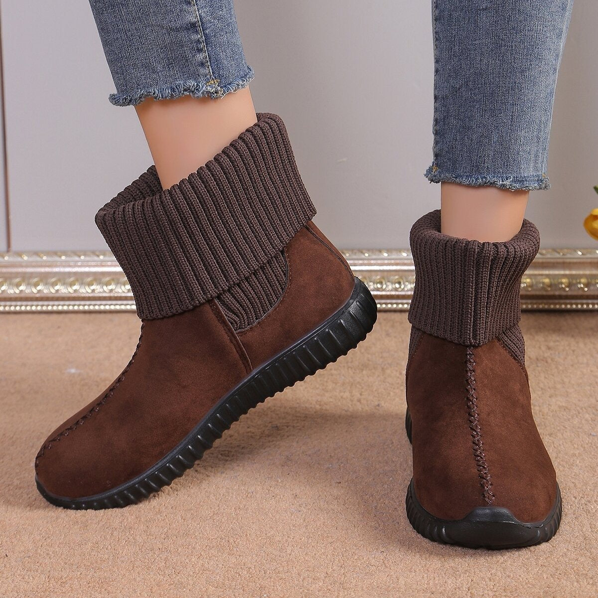 Women's Knit-Cuff Flat Suede Ankle Boots
