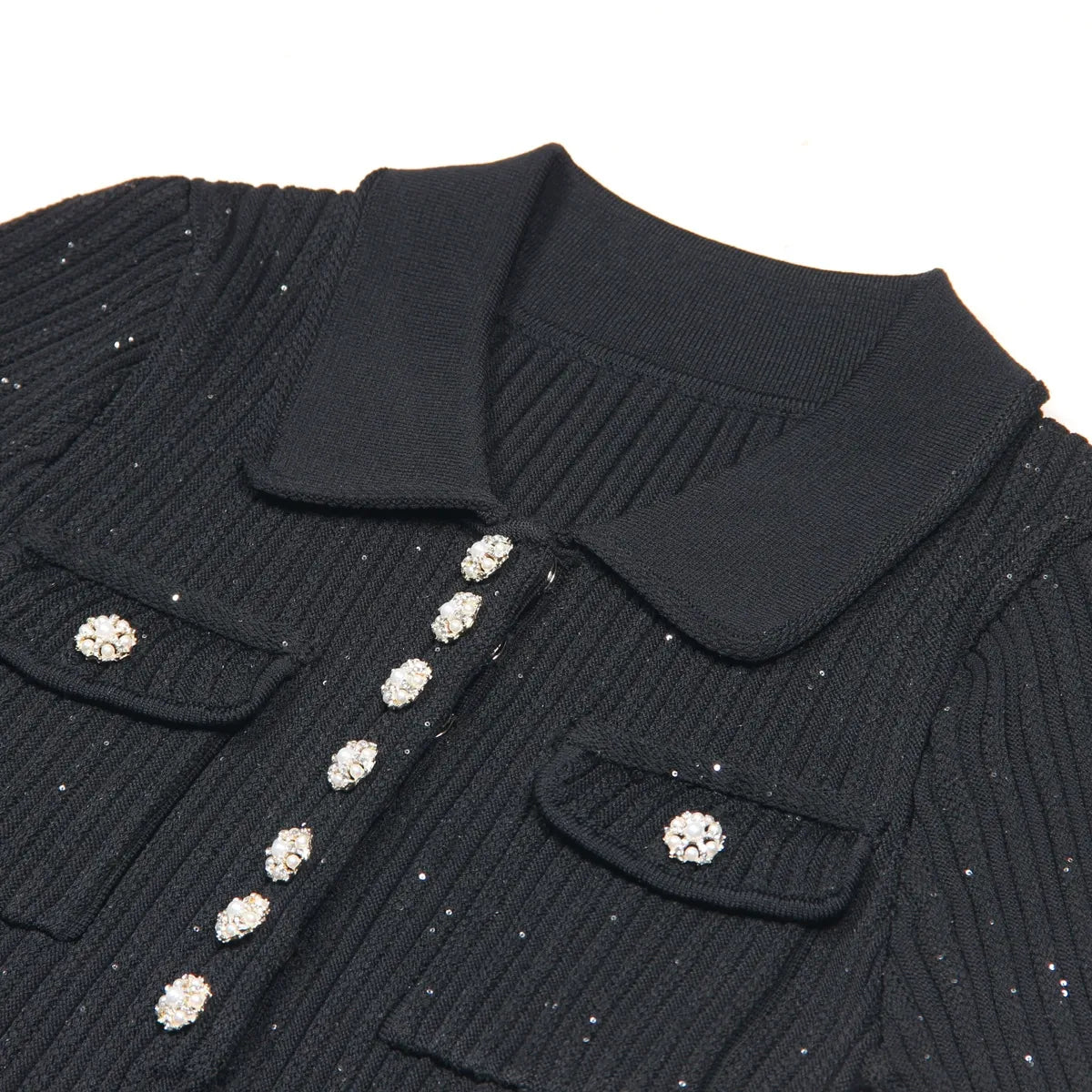 Women's Mini Knit Dress with Polo Collar and Flap Pockets | Ribbed Fit and Flare Shape, Short Sleeves | 4 Colors