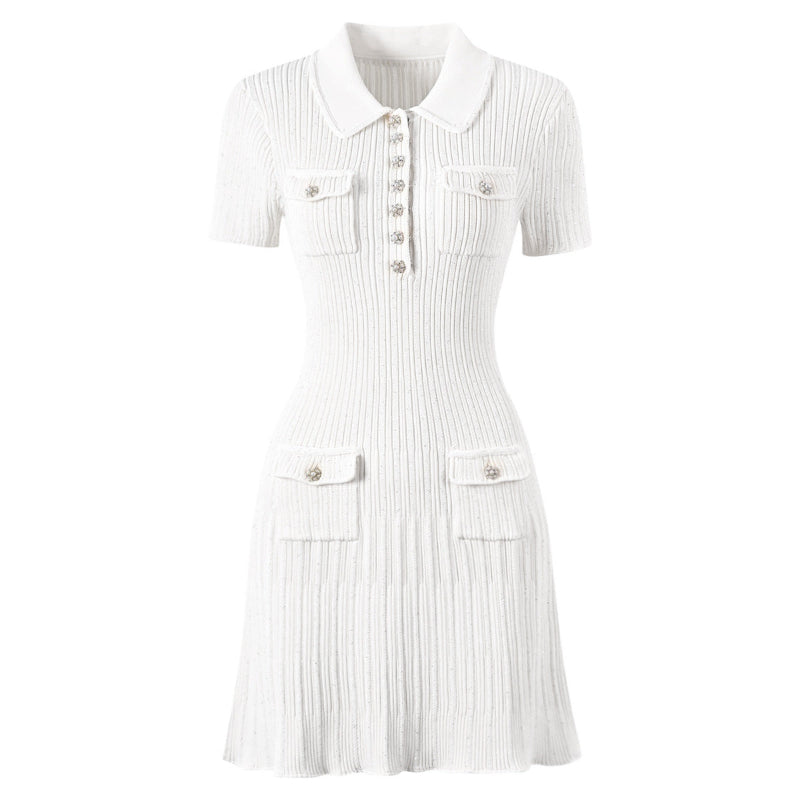Women's Mini Knit Dress with Polo Collar and Flap Pockets | Ribbed Fit and Flare Shape, Short Sleeves | 4 Colors