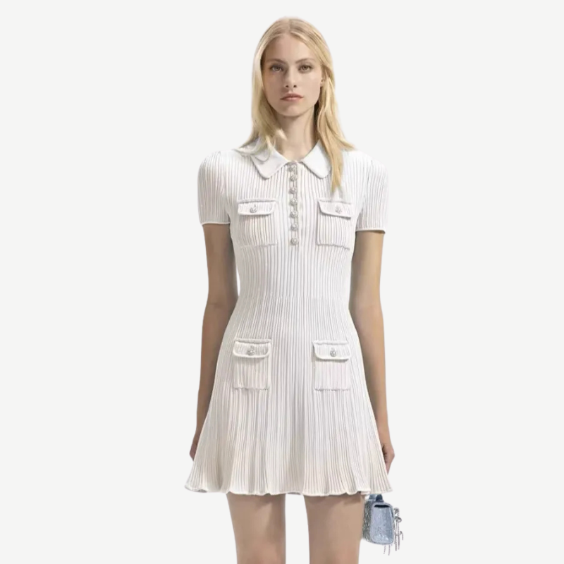 Women's Mini Knit Dress with Polo Collar and Flap Pockets | Ribbed Fit and Flare Shape, Short Sleeves | 4 Colors