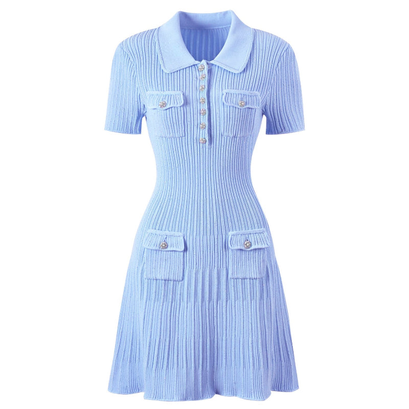 Women's Mini Knit Dress with Polo Collar and Flap Pockets