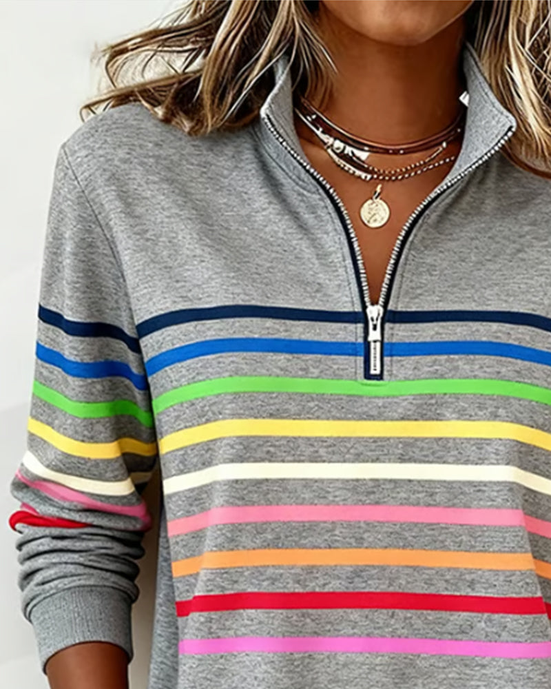 Women's Striped Quarter Zip Pullover Sweater with Stand Collar