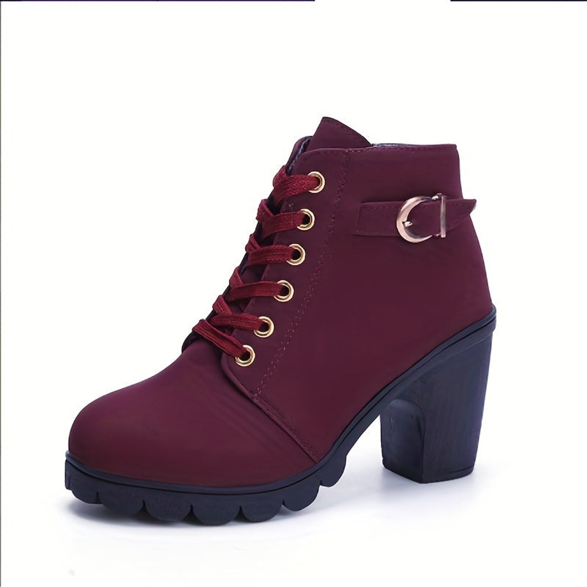 Women's Lace-Up Block-Heel Buckle Strap Platform Ankle Boots