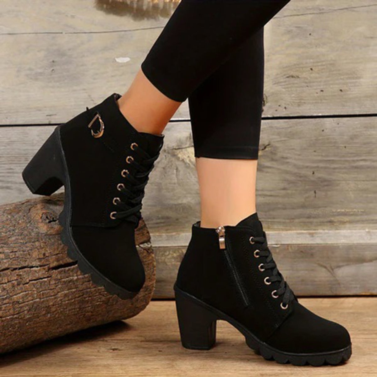 Women's Lace-Up Block-Heel Platform Ankle Boots Buckle Detail