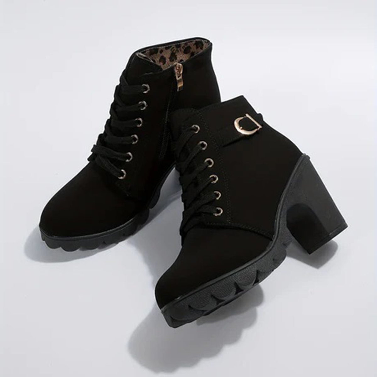 Women's Lace-Up Block-Heel Platform Ankle Boots Buckle Detail