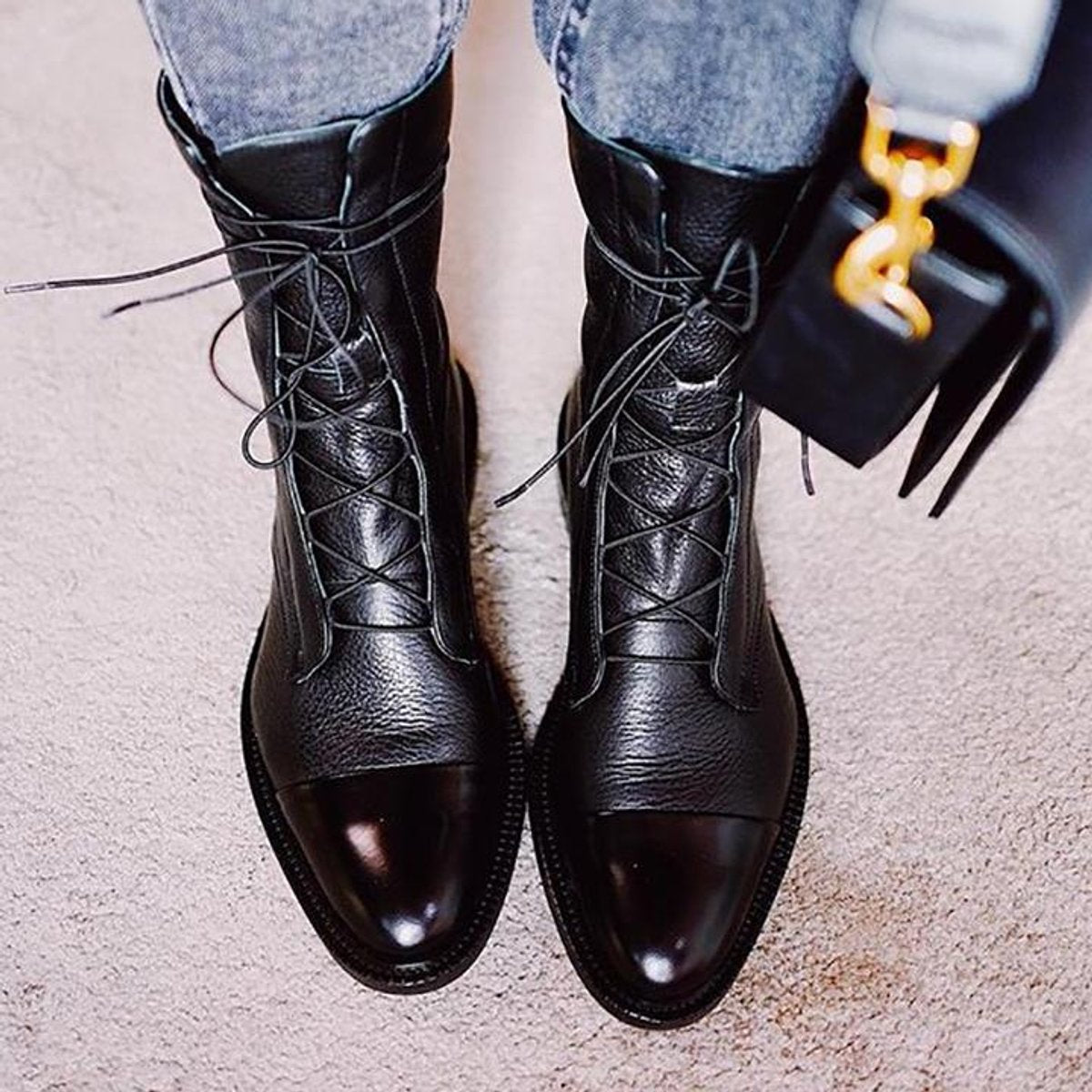 Women's Lace-Up Leather Ankle Boots Block Heel