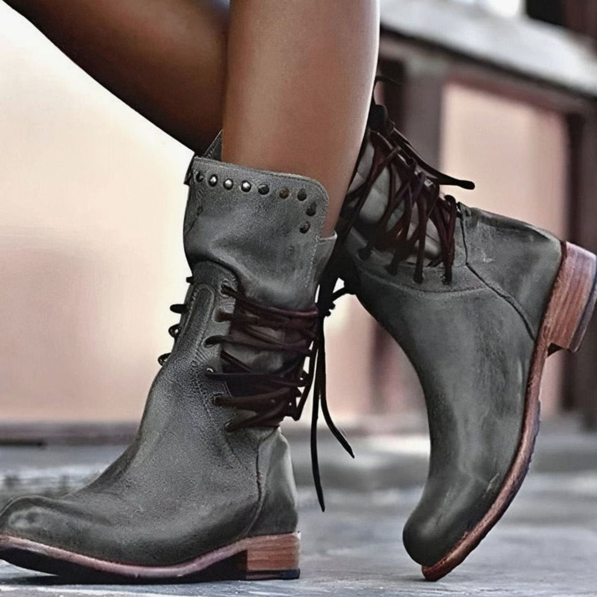 Women's Lace-Up Leather-Look Studded Ankle Boots