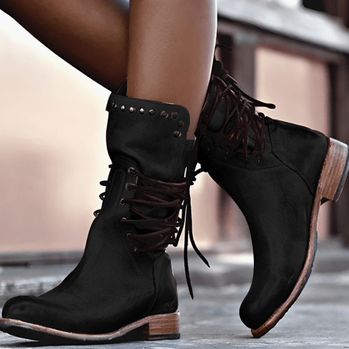 Women's Lace-Up Leather-Look Studded Ankle Boots