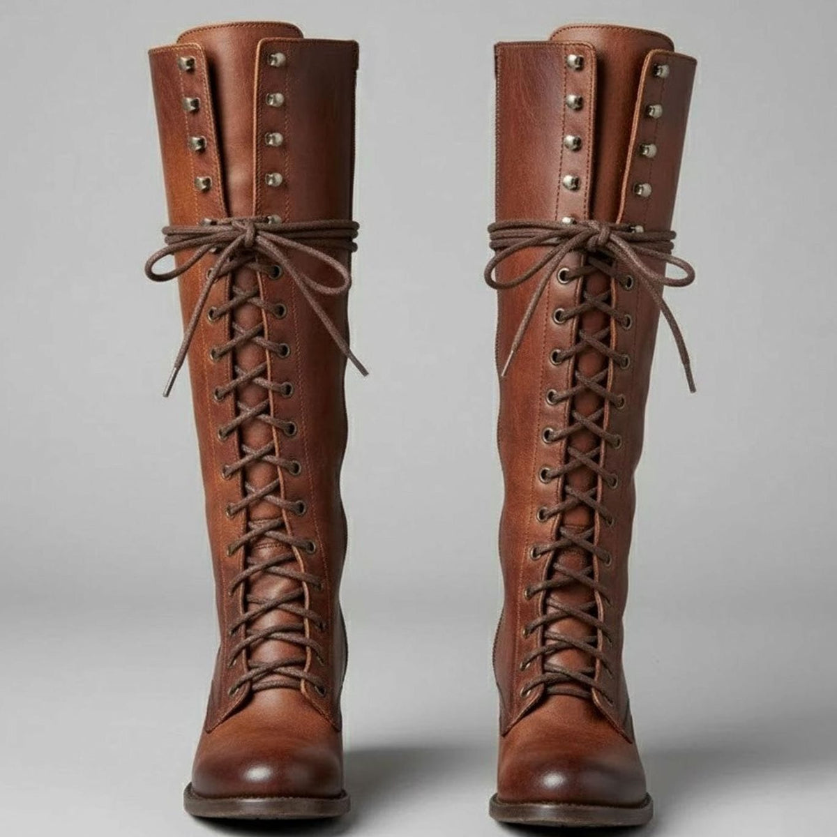 Women's Lace-Up Studded Knee-High Boots Block Heel