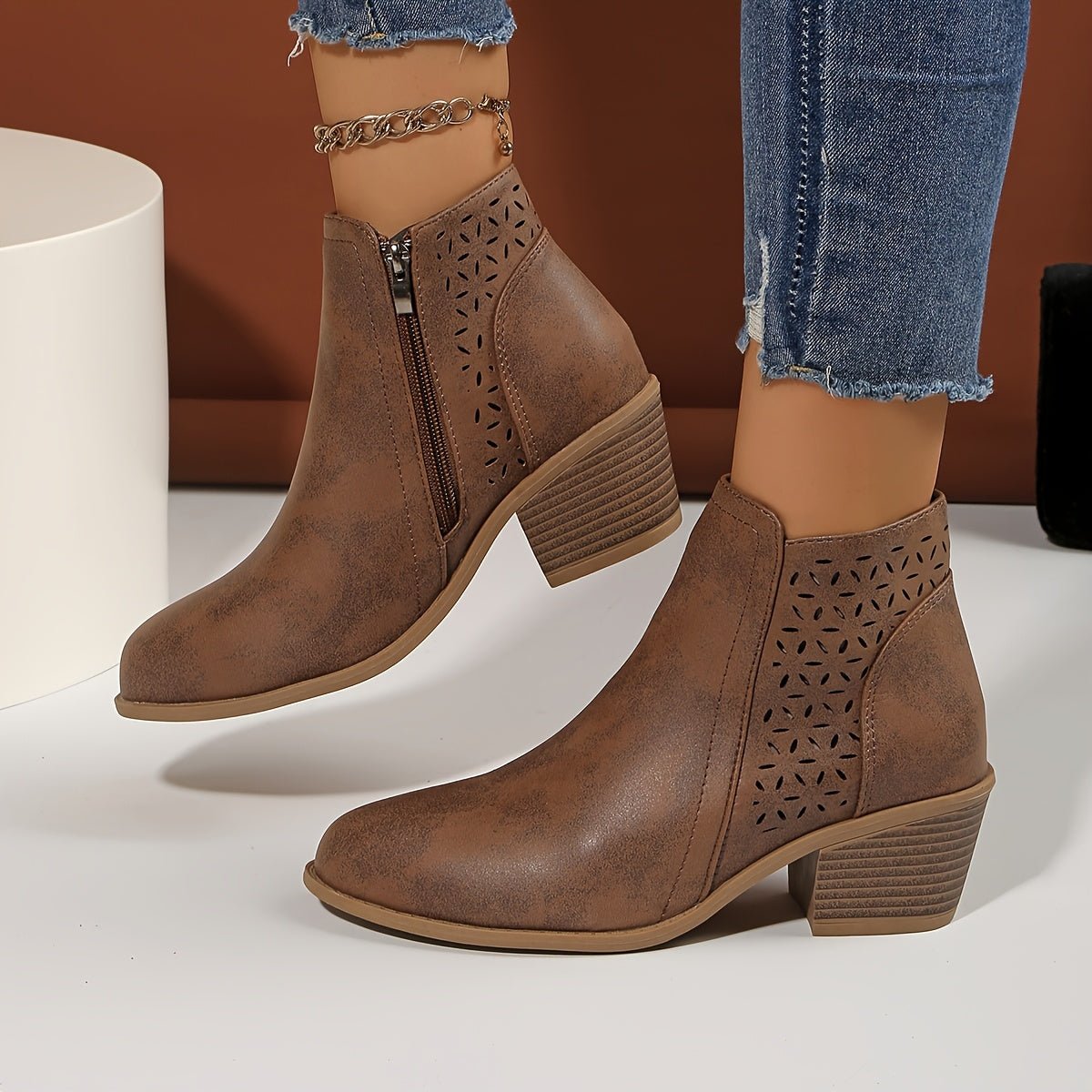 Women's Laser-Cut Block-Heel Side-Zip Ankle Boots