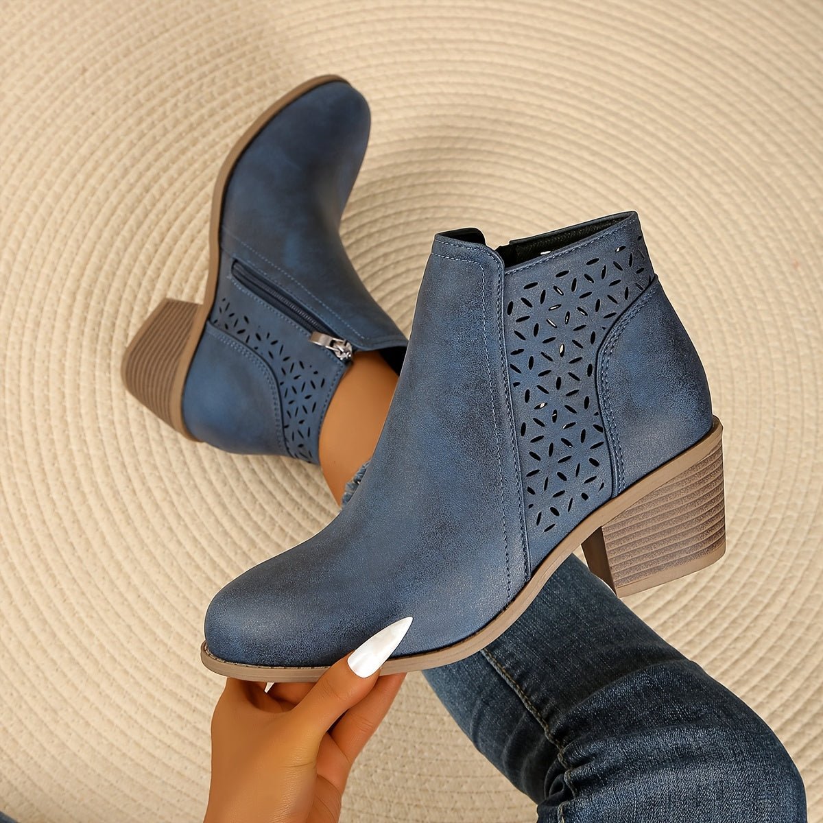 Women's Laser-Cut Block-Heel Side-Zip Ankle Boots