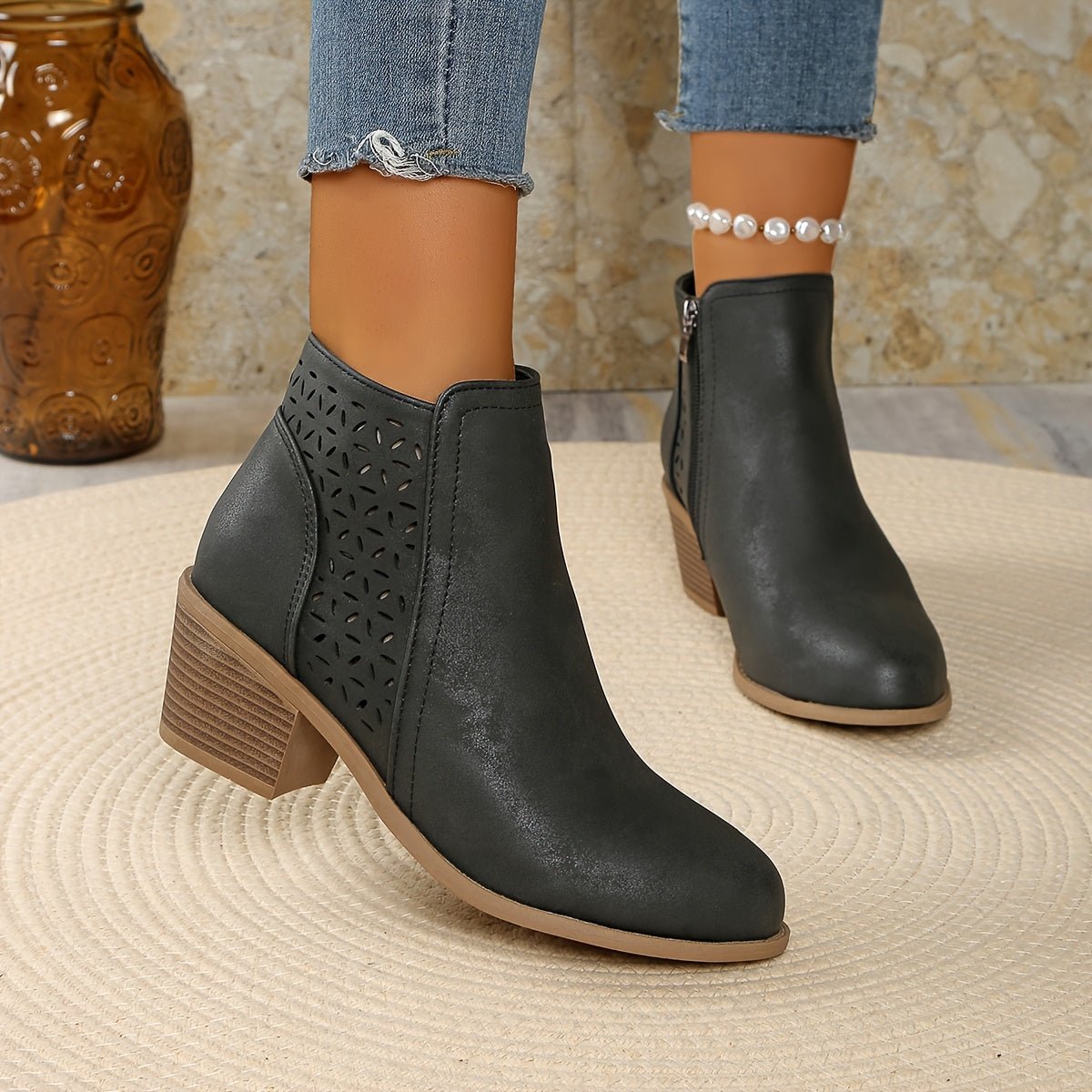 Women's Laser-Cut Block-Heel Side-Zip Ankle Boots