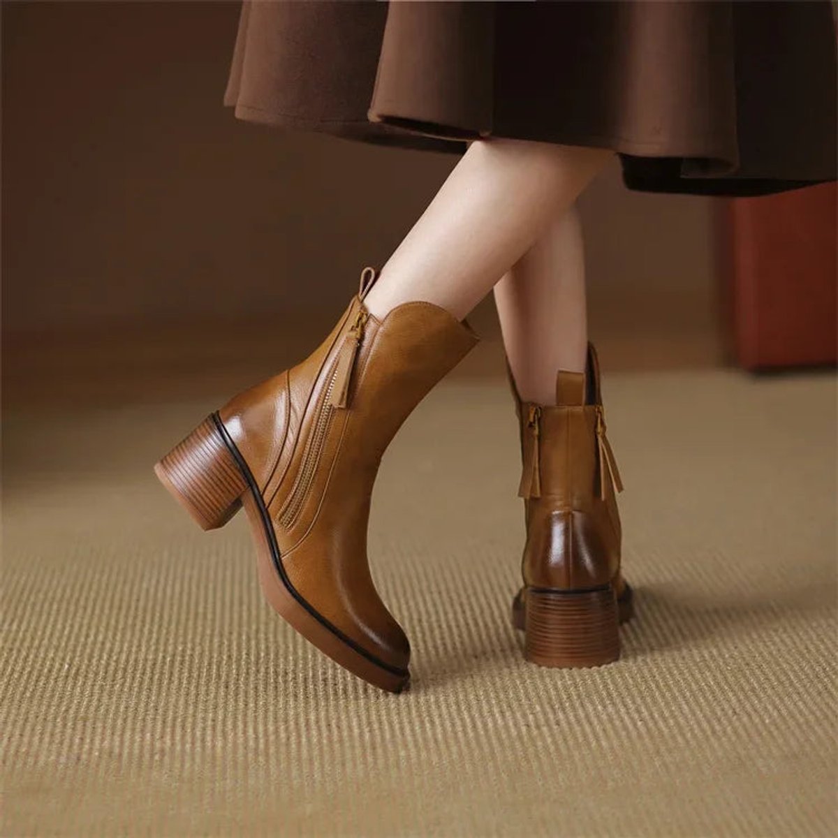 Women's Leather-Look Block Heel Side-Zip Ankle Boots