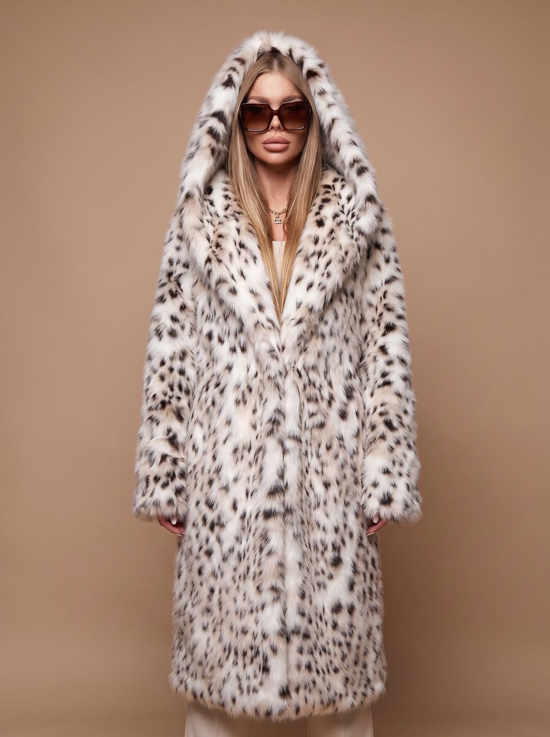 Eleanor | Women's Leopard Print Belted Faux Fur Coat Maxi Length