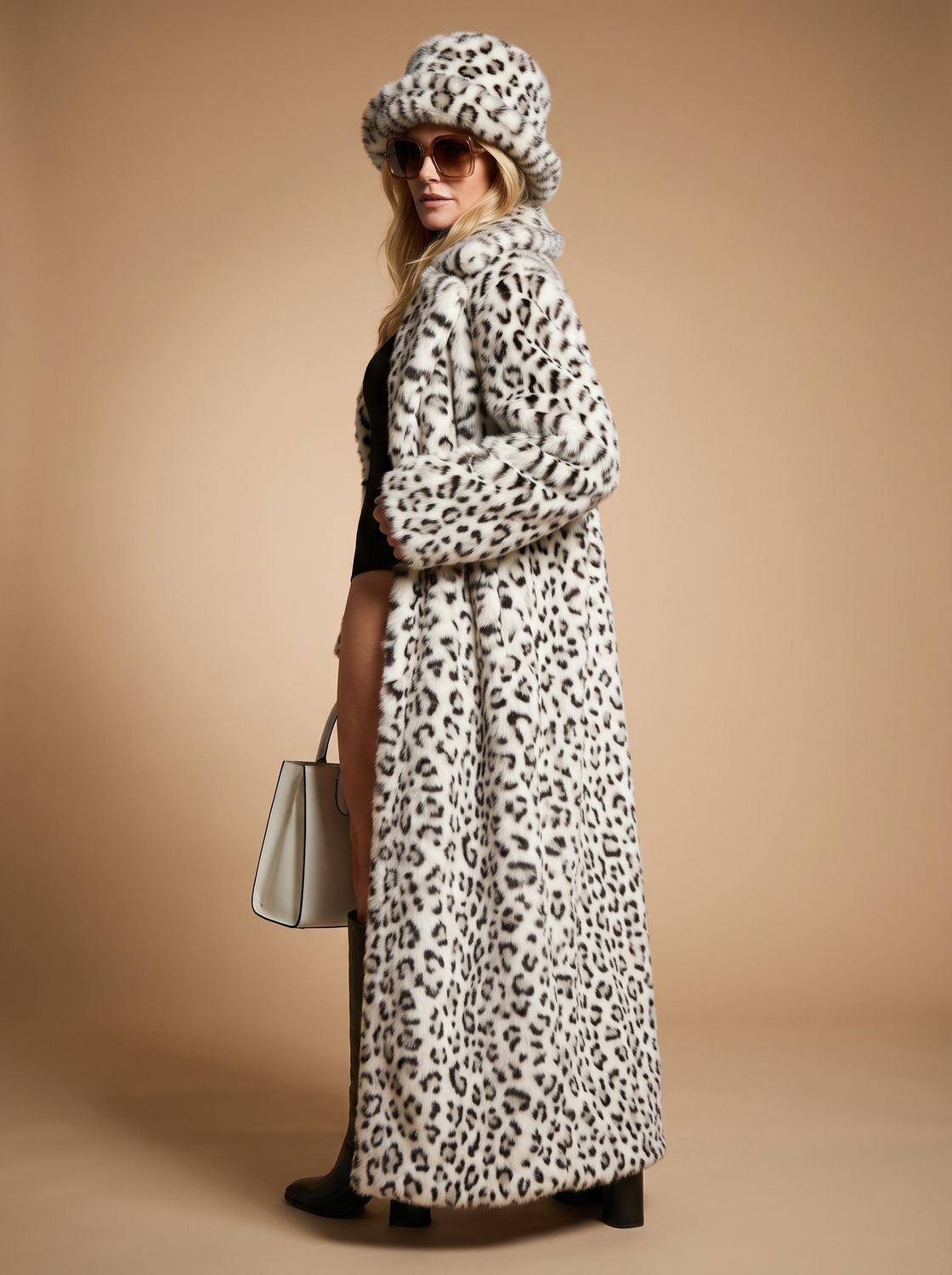 Eleanor | Women's Leopard Print Belted Faux Fur Coat Maxi Length