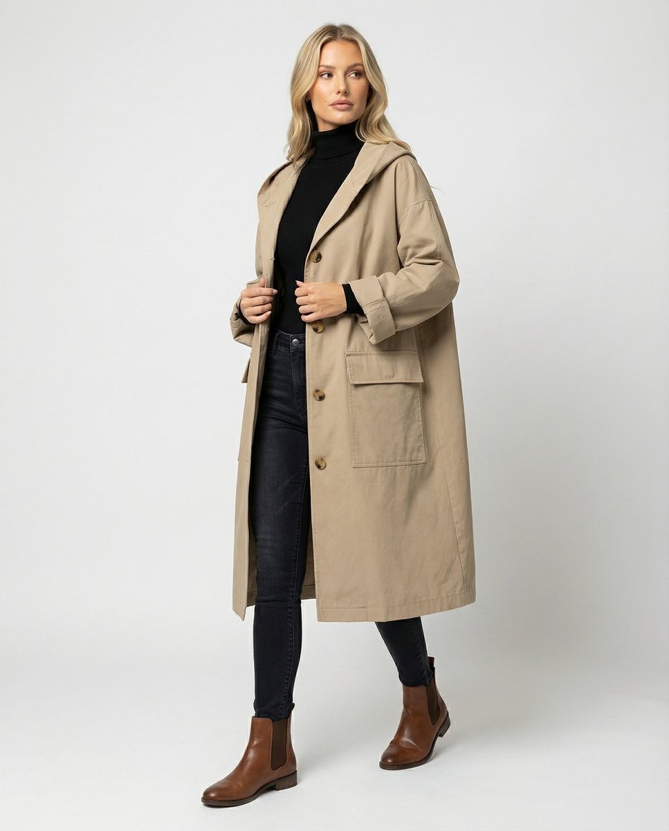 Women's Long Hooded Waterproof Windproof Trench Coat