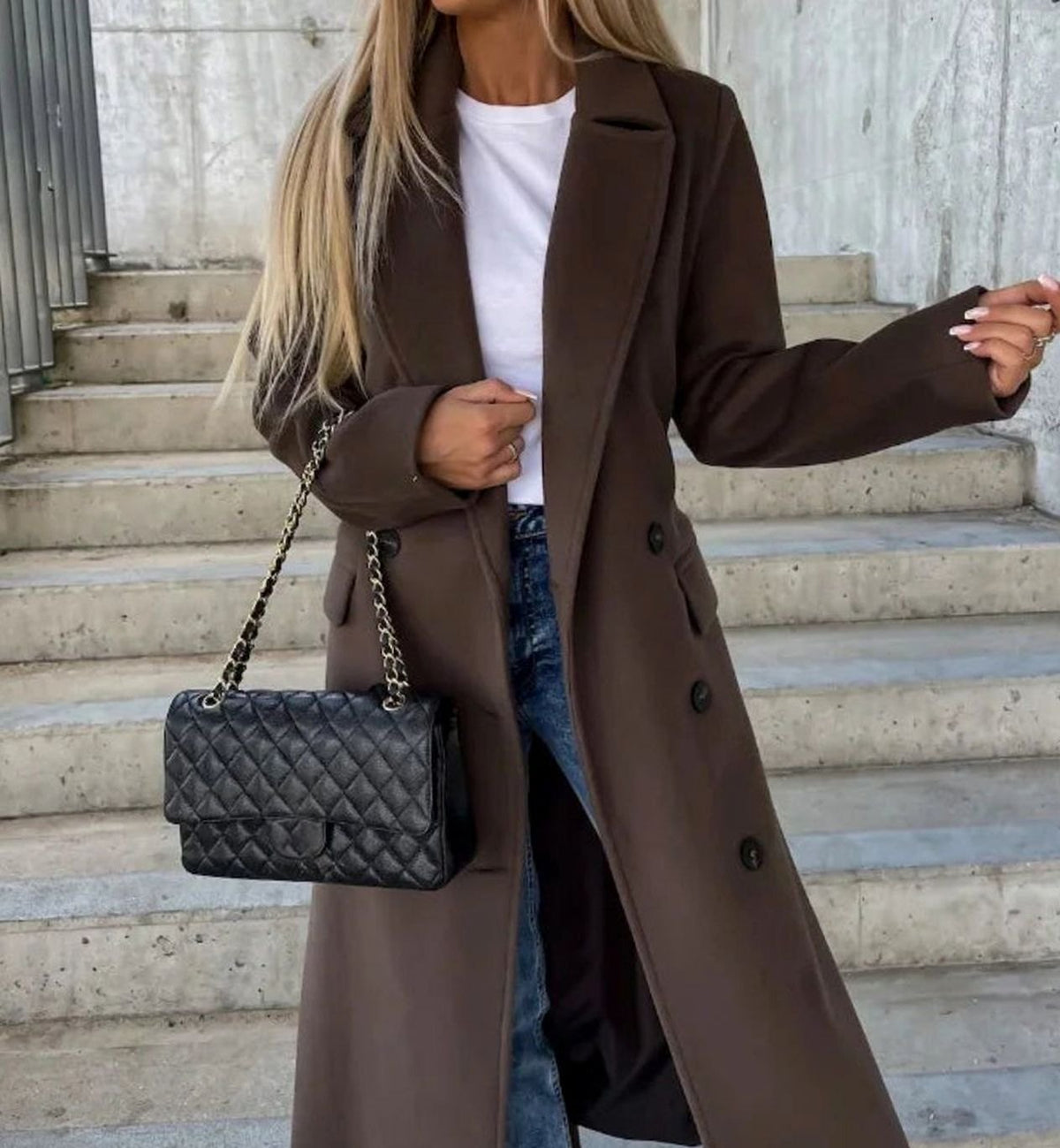 Women's Long Lapel Double-Breasted Button Front Coat