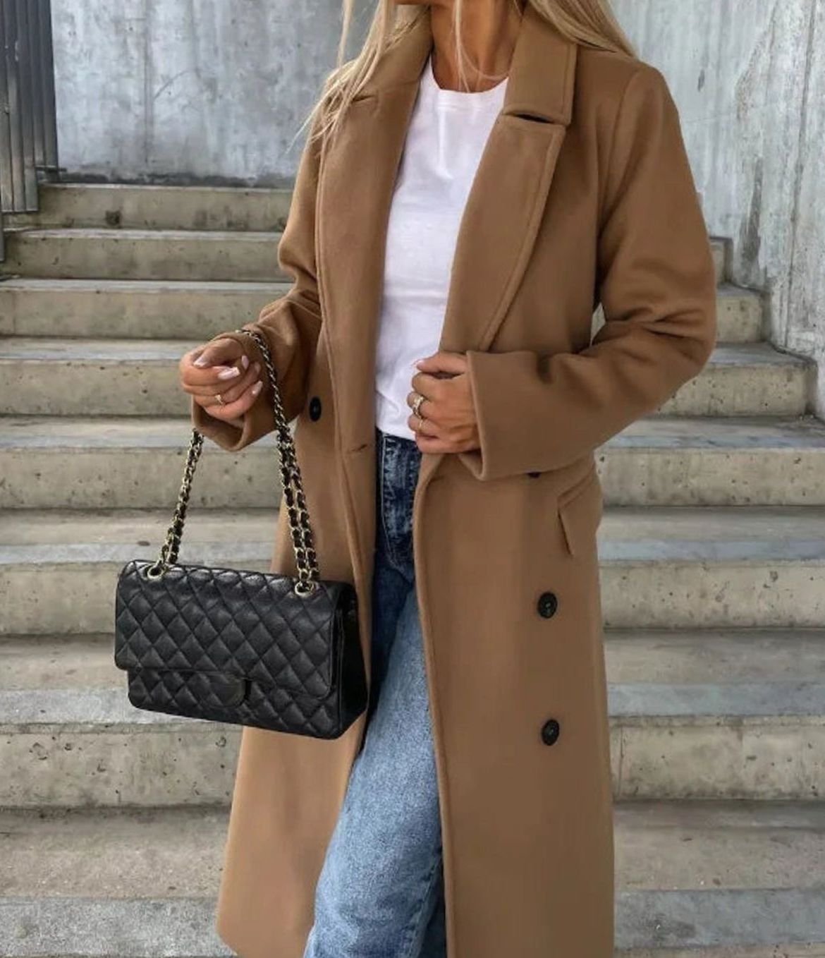 Women's Long Lapel Double-Breasted Button Front Coat
