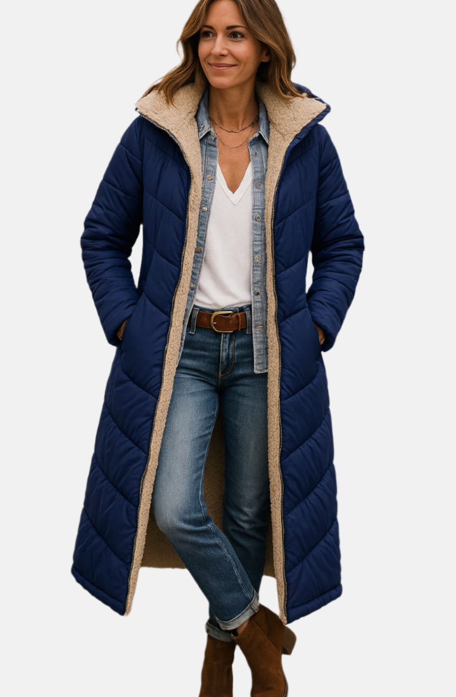 Women's Long Quilted Sherpa-Lined Hooded Winter Coat
