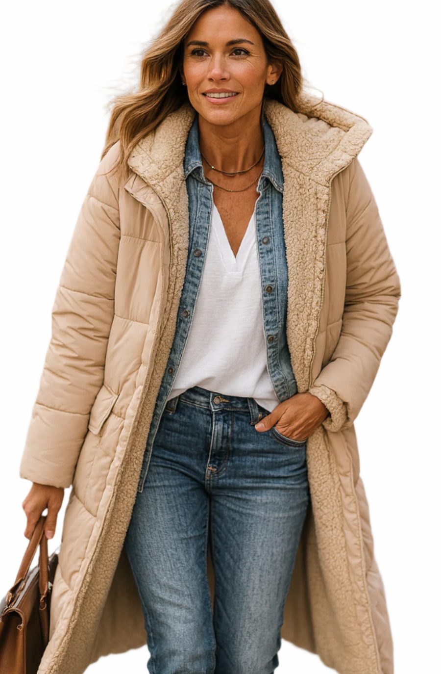 Women's Long Quilted Sherpa-Lined Hooded Winter Coat