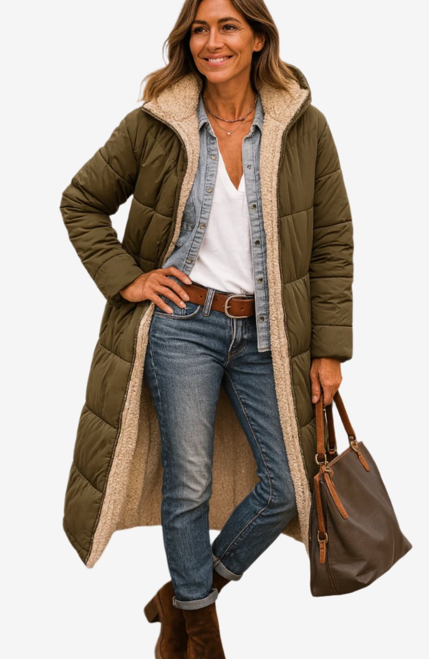 Women's Long Quilted Sherpa-Lined Hooded Winter Coat