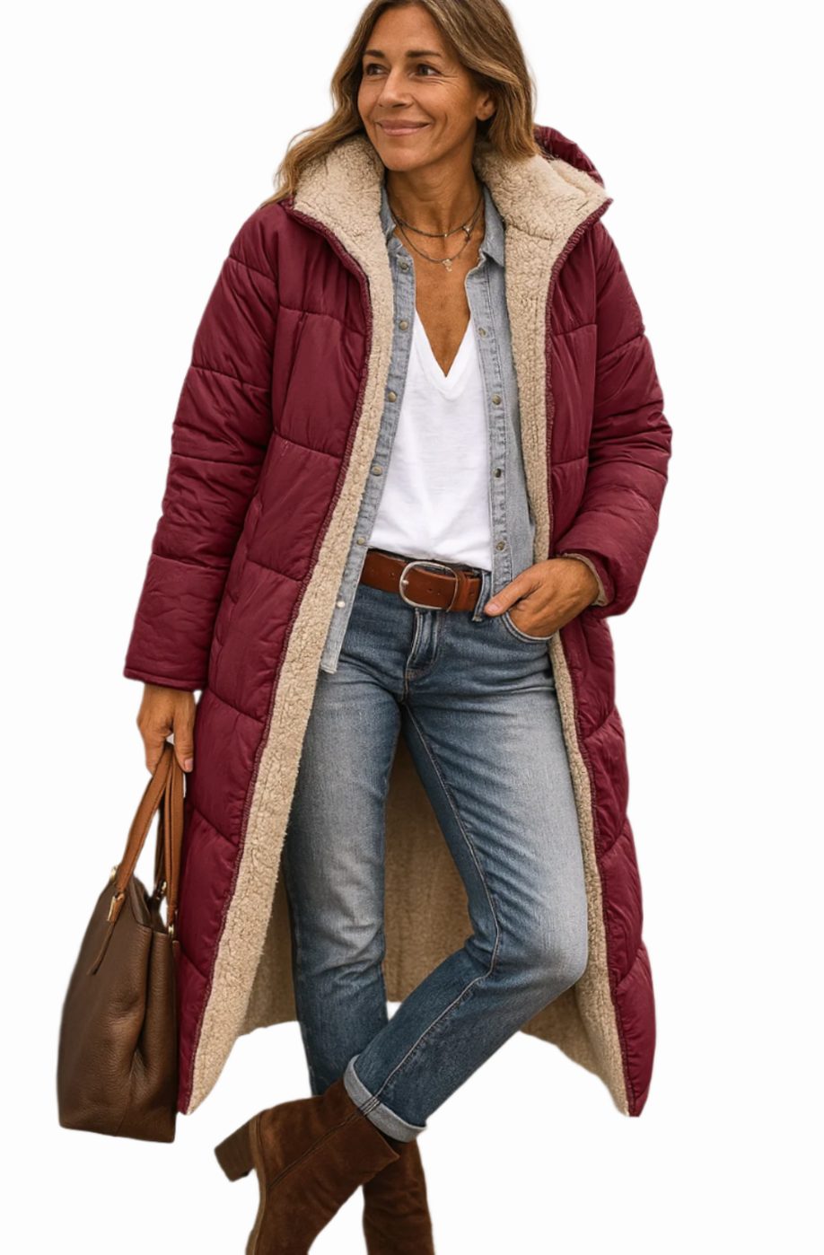 Women's Long Quilted Sherpa-Lined Hooded Winter Coat