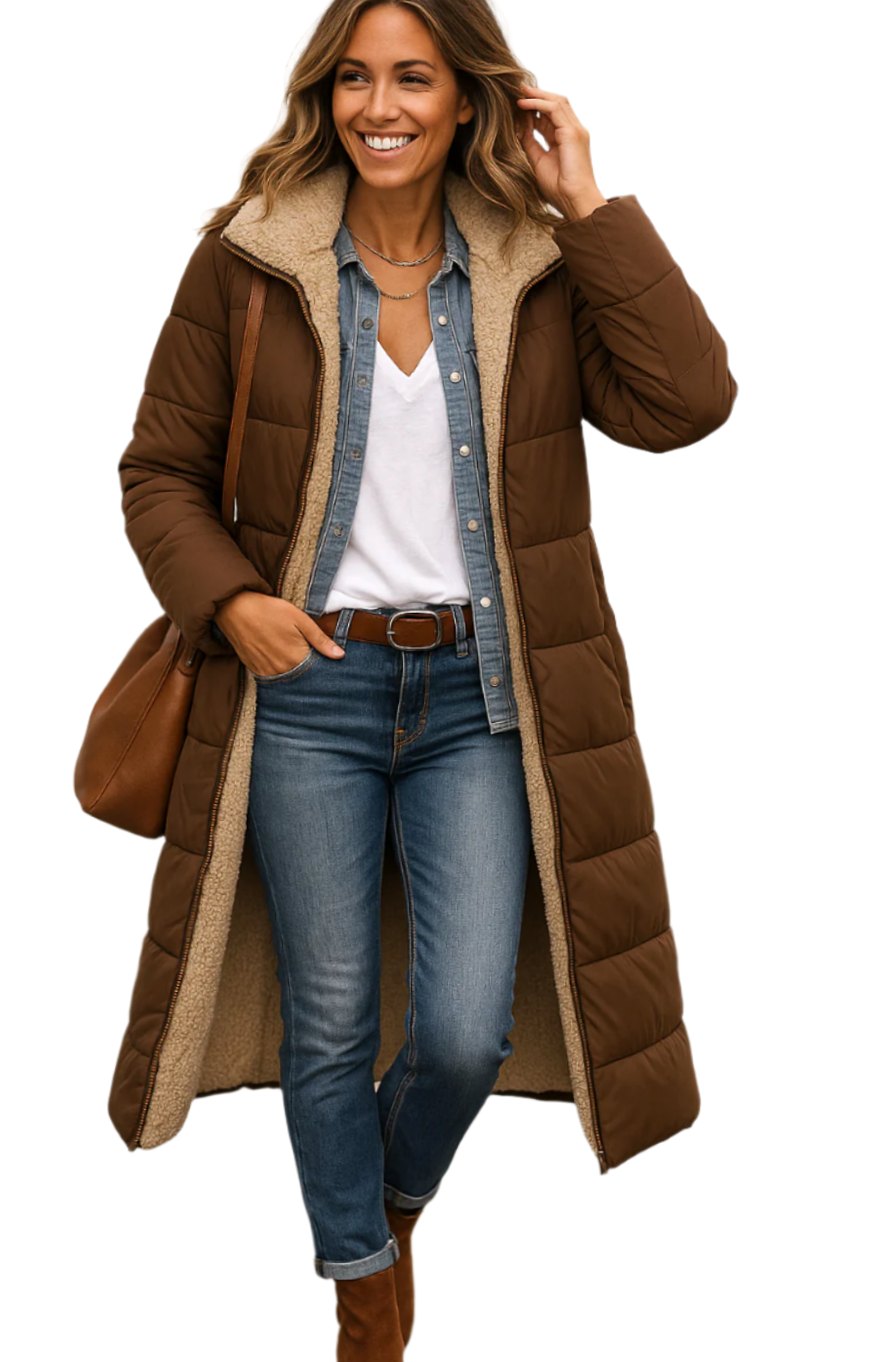 Women's Long Quilted Sherpa-Lined Hooded Winter Coat