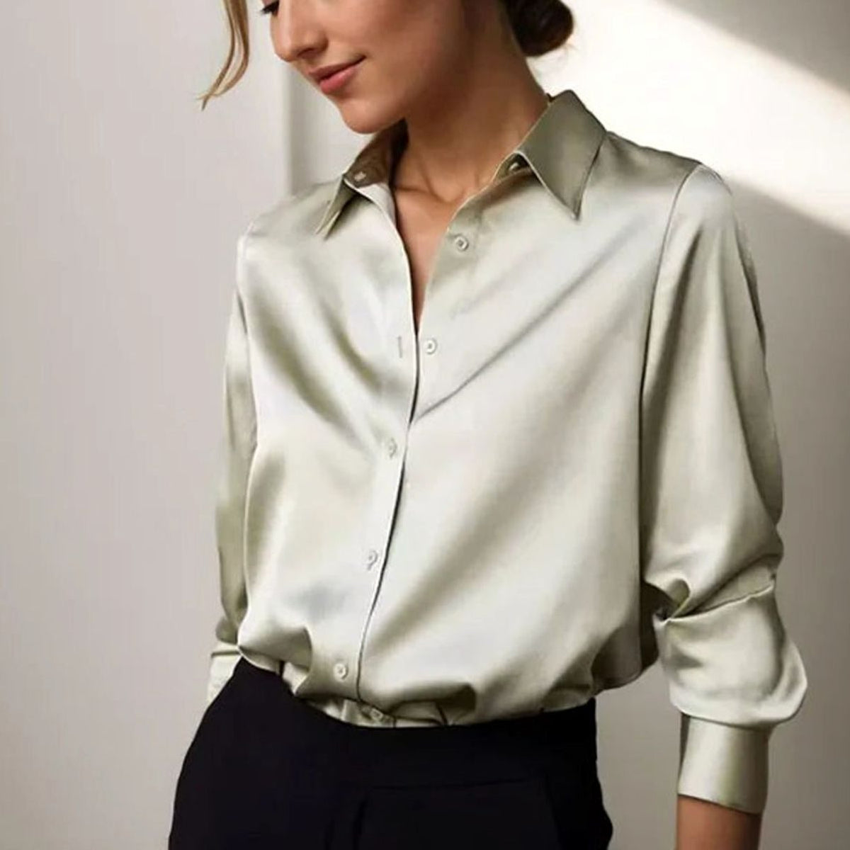 Women's Long Sleeve Button-Down Loose Satin Blouses
