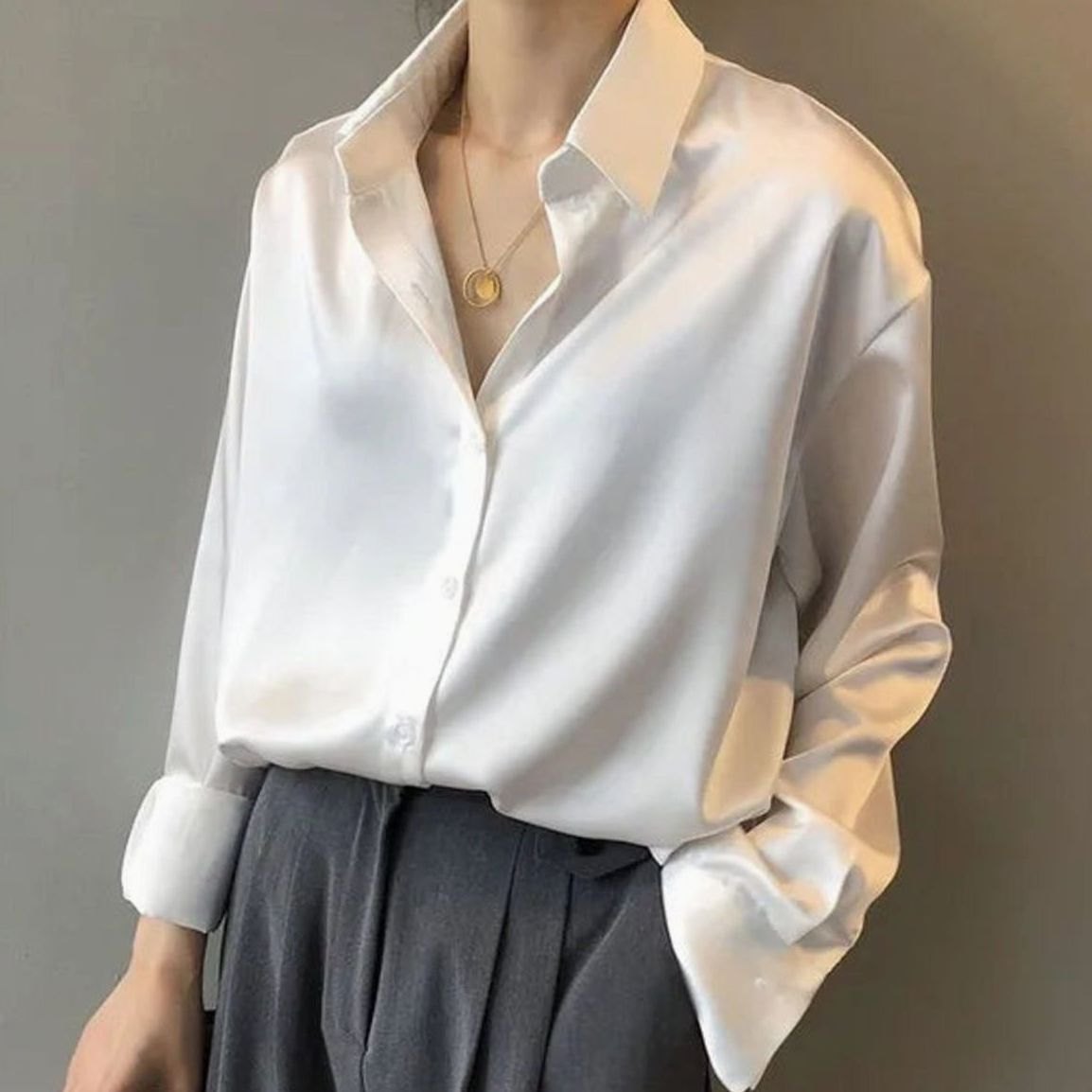 Women's Long Sleeve Button-Down Loose Satin Blouses