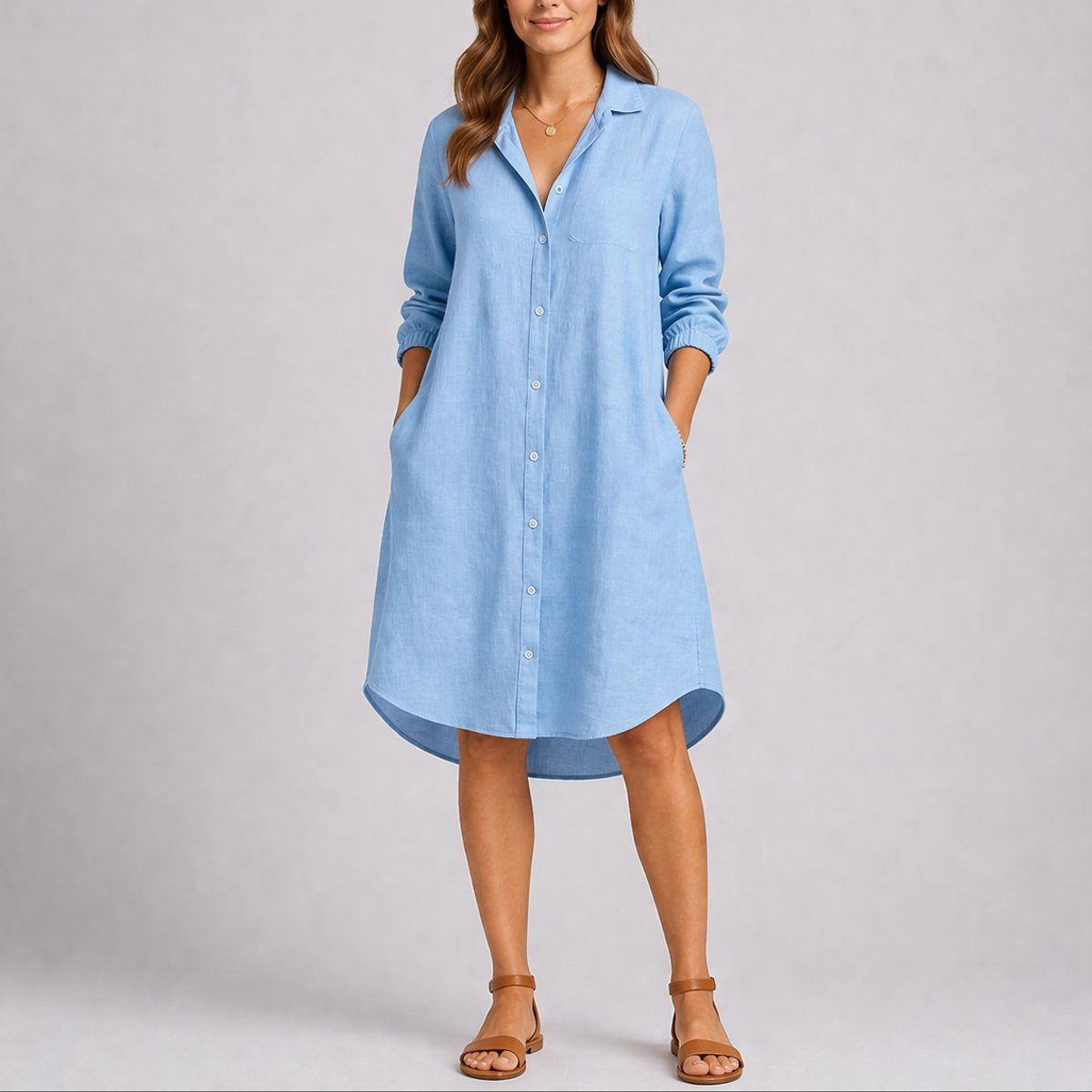 Women's Long-Sleeve Button-Front Midi Fall Wedding Guest Dress