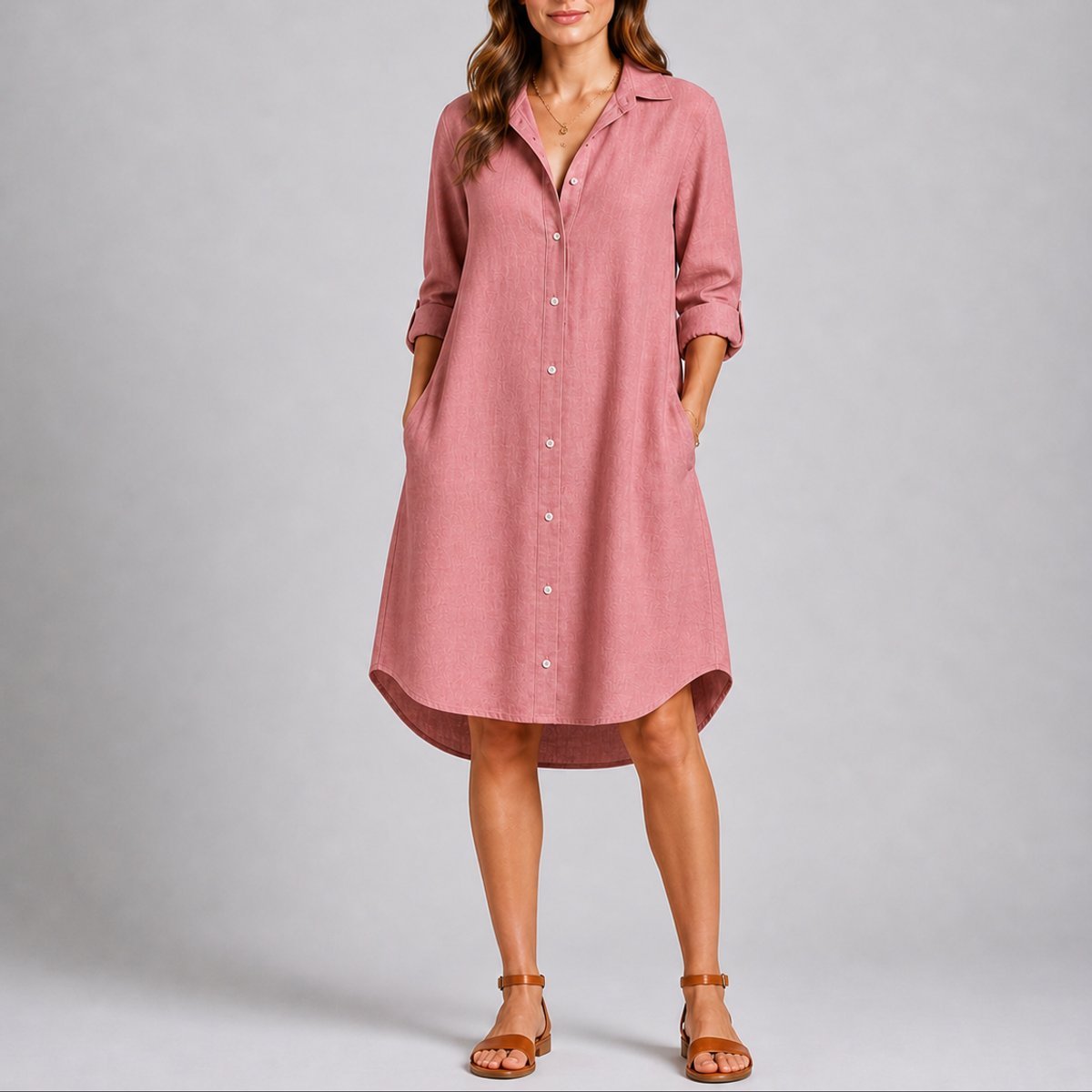Women's Long-Sleeve Button-Front Midi Fall Wedding Guest Dress