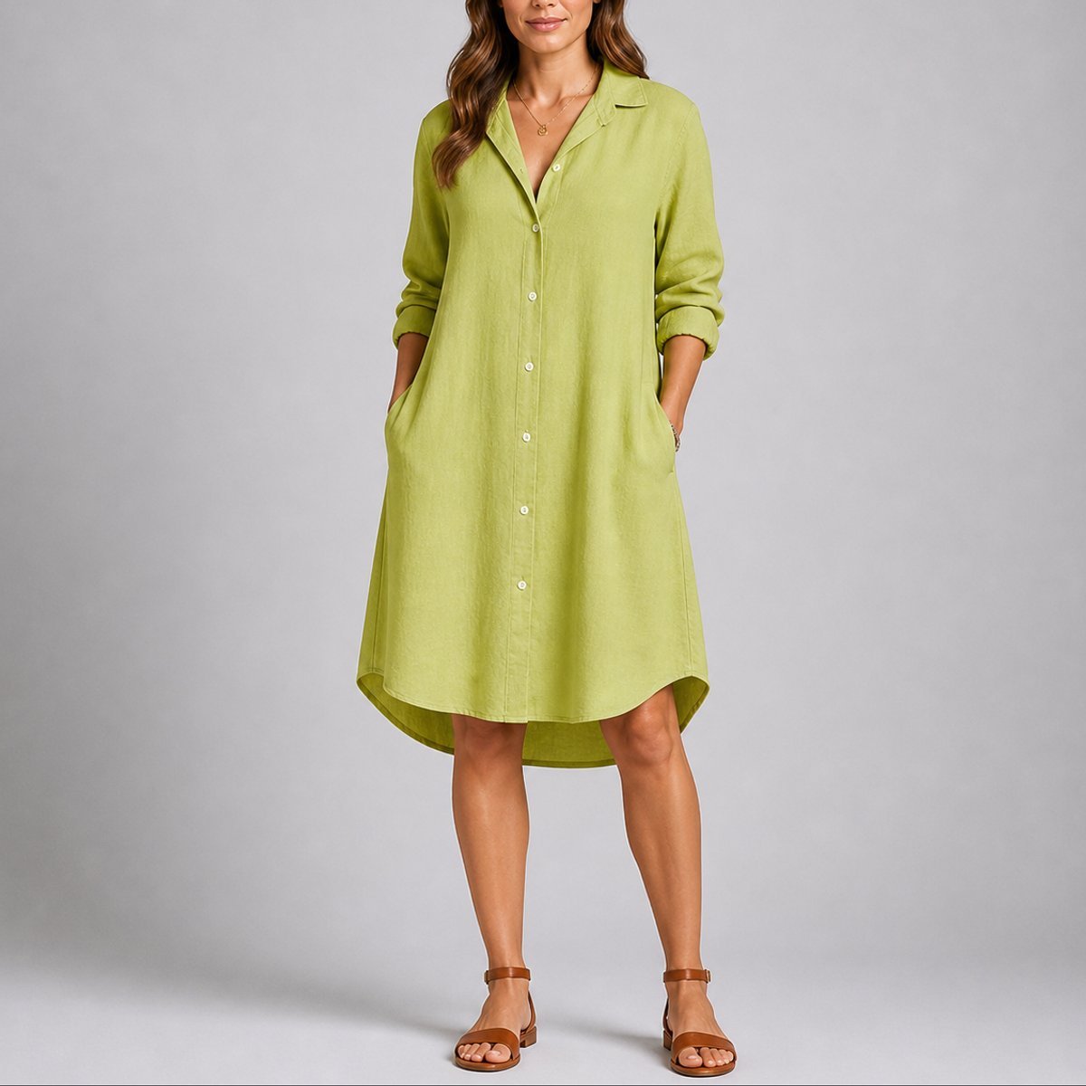 Women's Long-Sleeve Button-Front Midi Fall Wedding Guest Dress