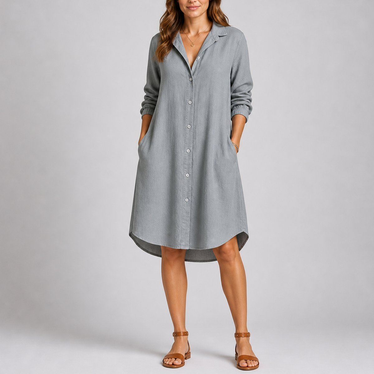 Women's Long-Sleeve Button-Front Midi Fall Wedding Guest Dress