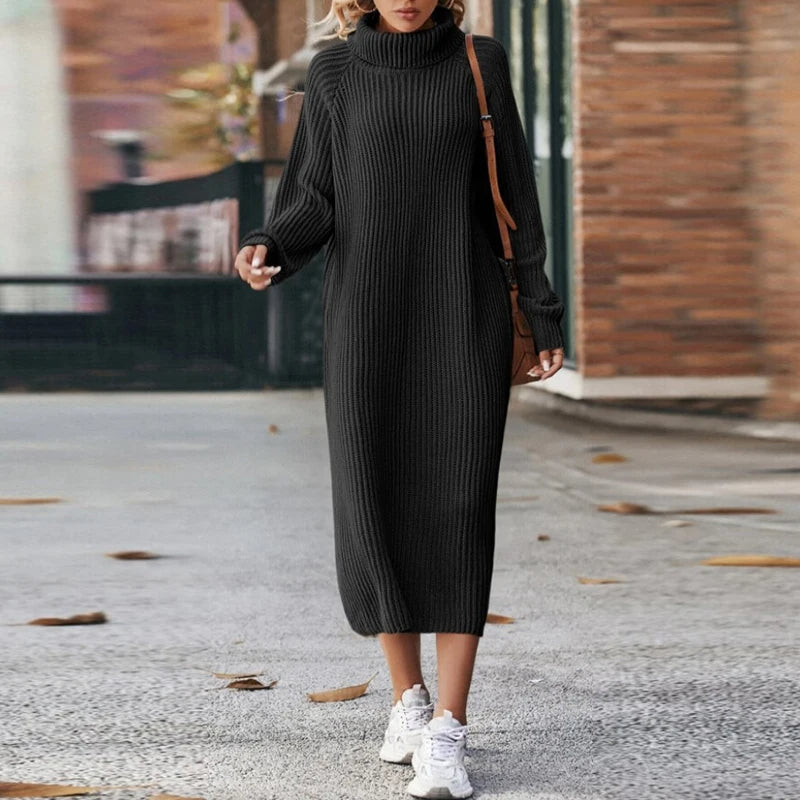 Women's Long Knit Dress with Roll Neck | Chunky Ribbed Texture, Oversized Fit, Side Slit Hem | Sizes S-XL, 2 Colors