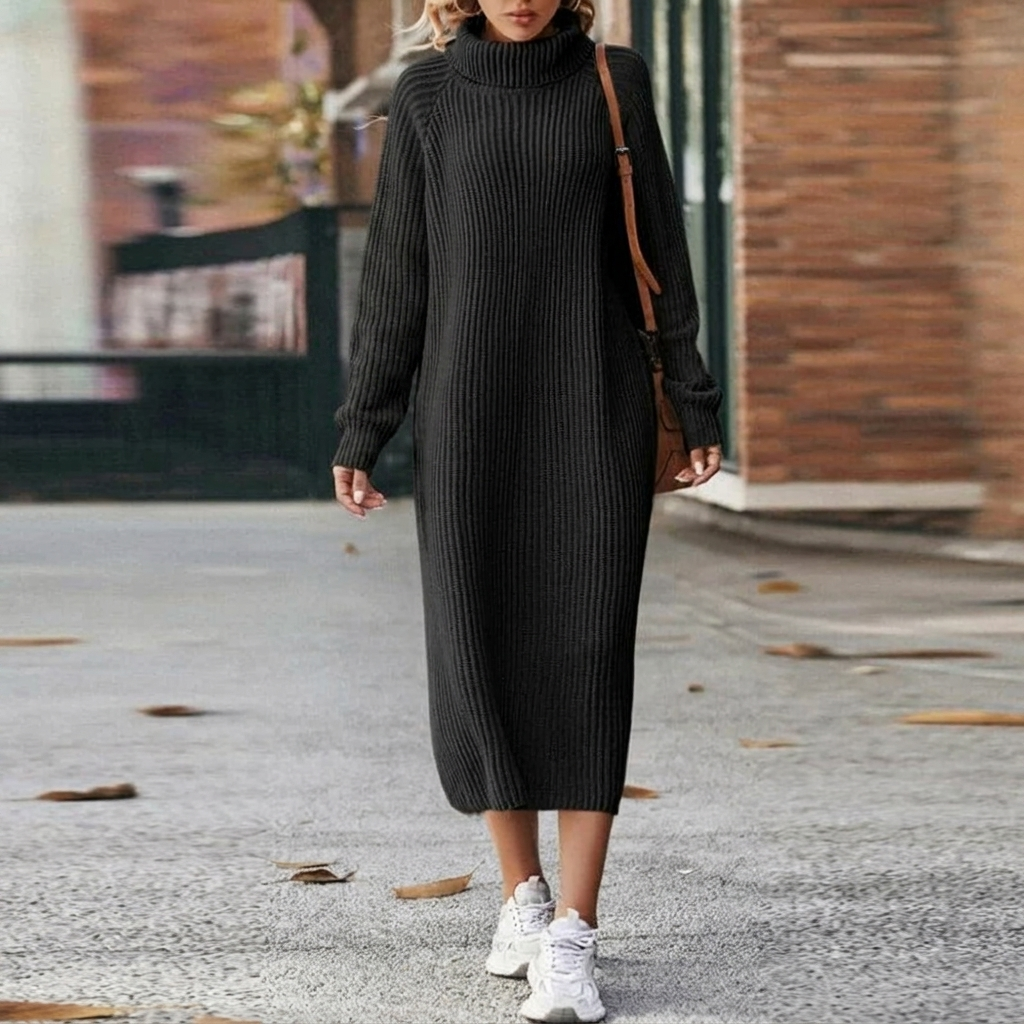 Women's Long Knit Dress with Roll Neck | Chunky Ribbed Texture, Oversized Fit, Side Slit Hem | Sizes S-XL, 2 Colors