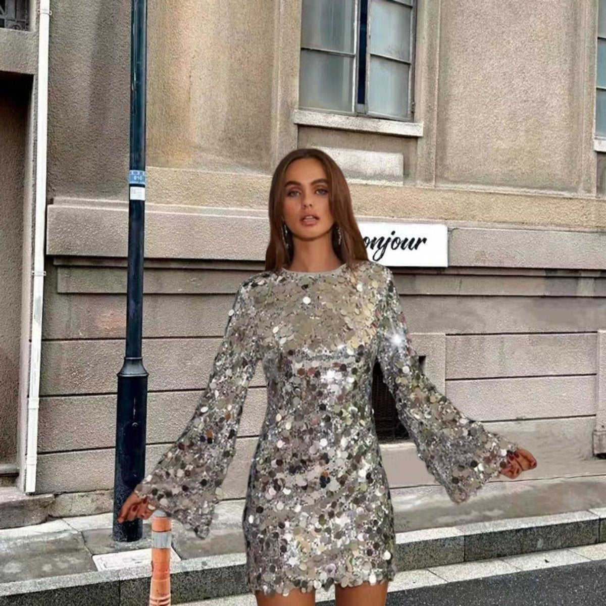 Women's Long Sleeve Sequin Mini Dress with Round Neckline | Oversized Discs, Flared Cuffs | Sizes S to XL, Silver