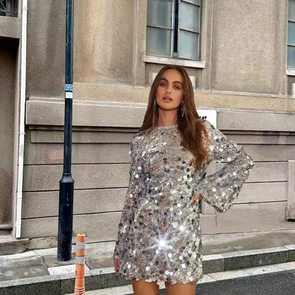 Women's Long Sleeve Sequin Mini Dress with Round Neckline | Oversized Discs, Flared Cuffs | Sizes S to XL, Silver