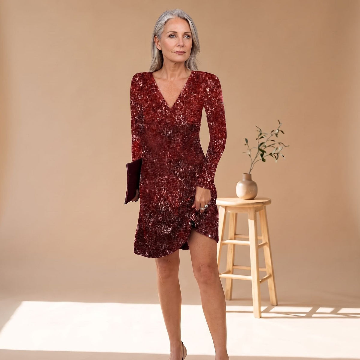 Grace | Women's Long-Sleeve V-Neck Sequin Mini Dress