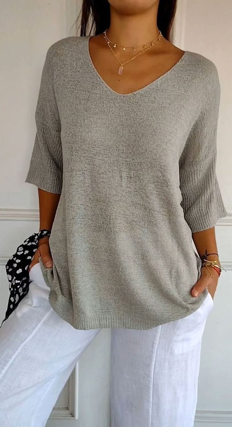 Women's Longline Loose-Fit V-Neck Knit Tunic Top