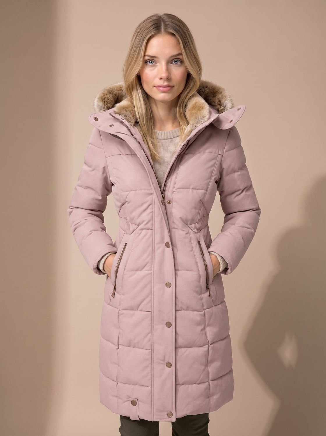 Layla | Women's Longline Quilted Puffer Coat Faux Fur Hooded