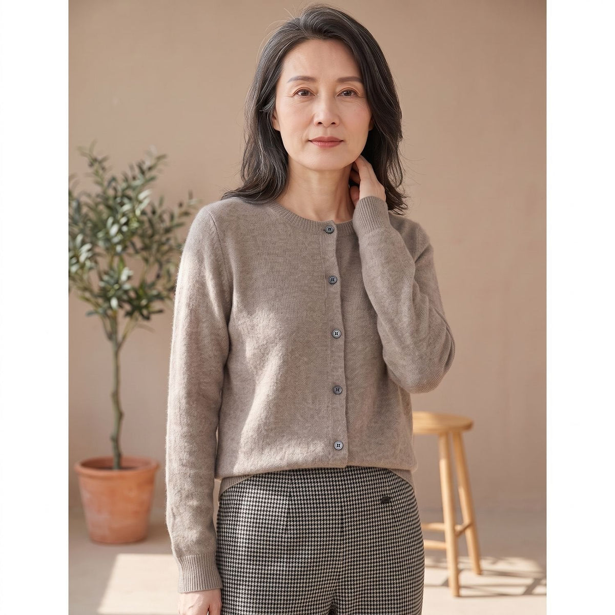 Camila | Women's Merino Wool Cashmere Button-Front O-Neck Cardigan