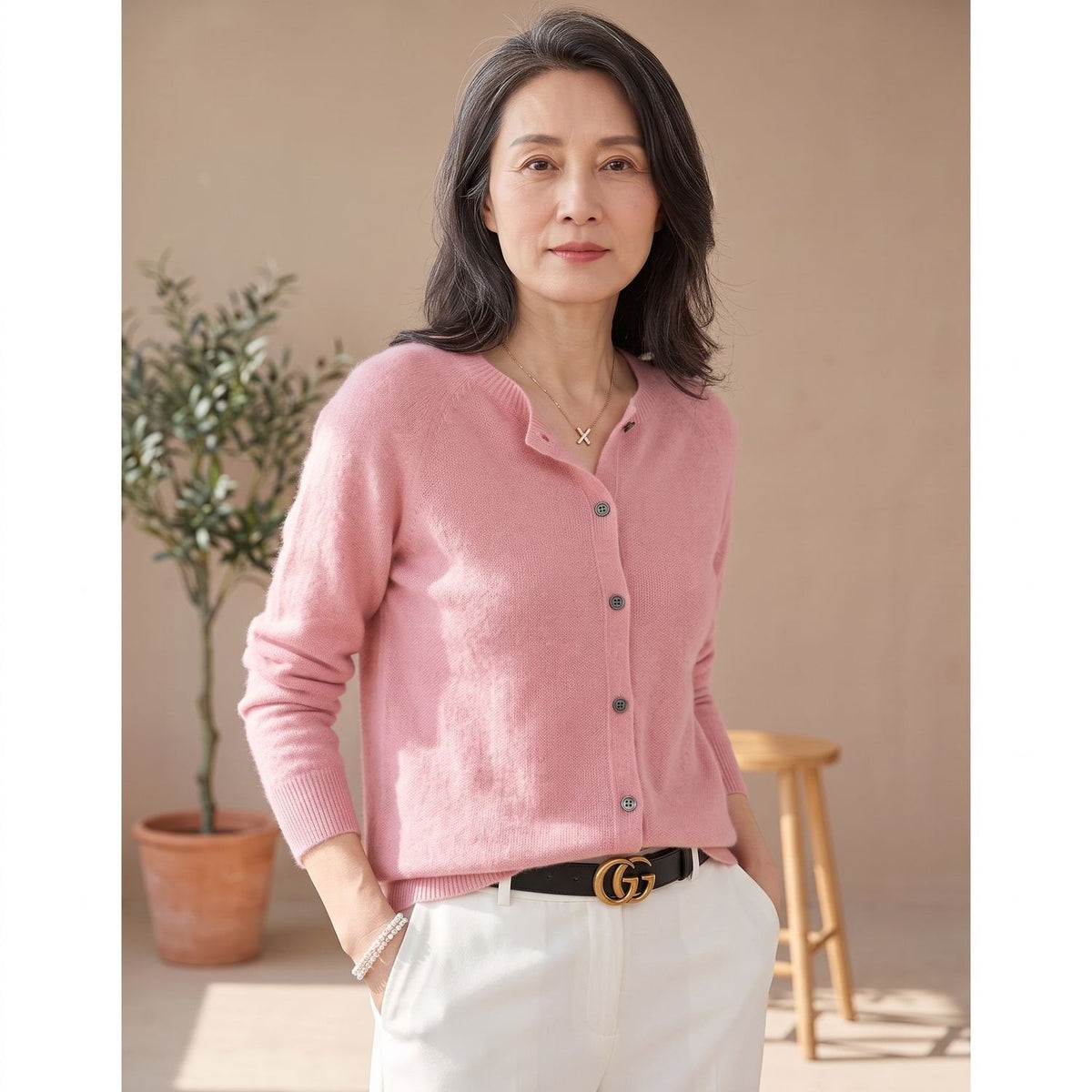 Camila | Women's Merino Wool Cashmere Button-Front O-Neck Cardigan