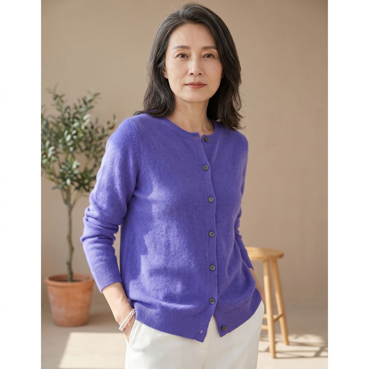 Camila | Women's Merino Wool Cashmere Button-Front O-Neck Cardigan