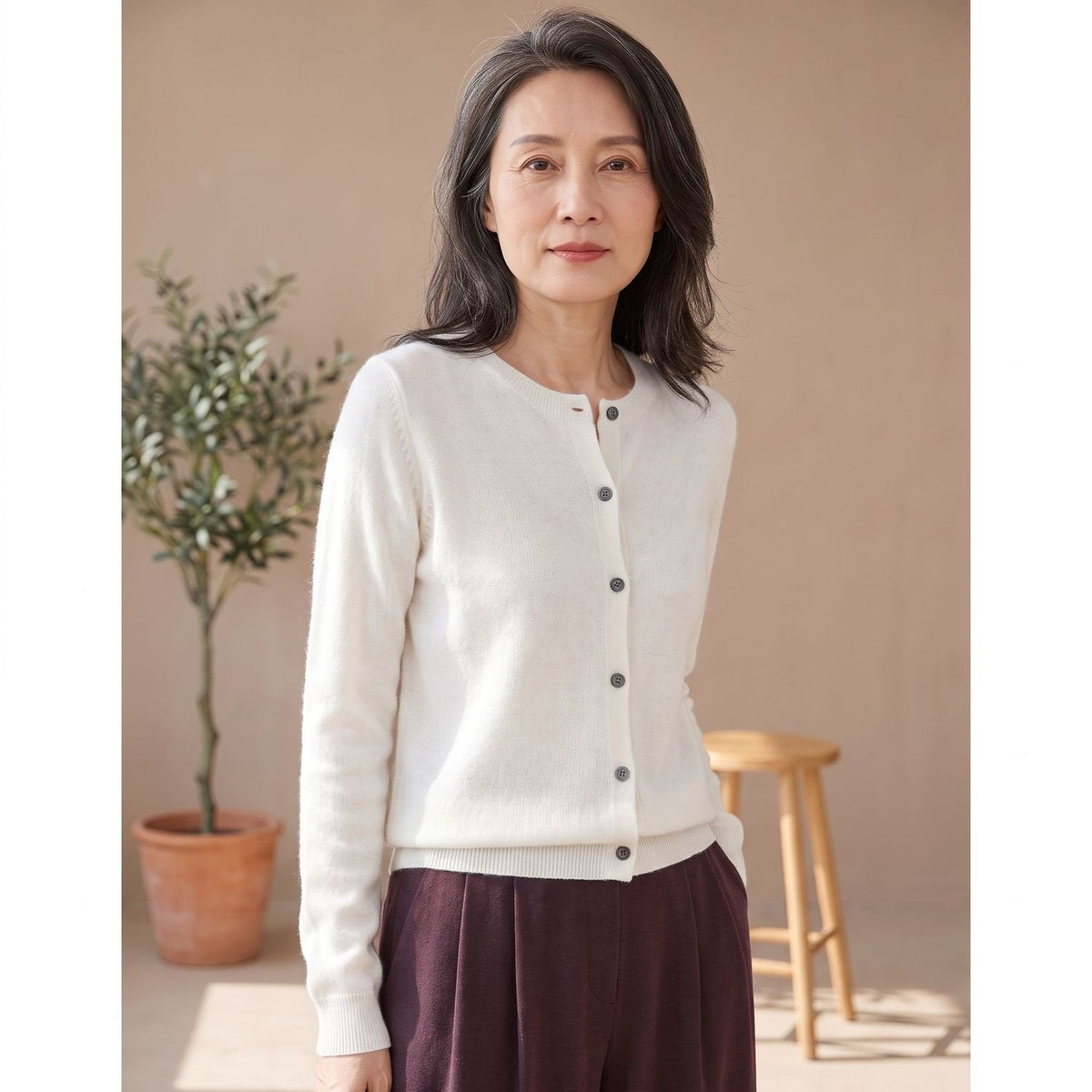 Camila | Women's Merino Wool Cashmere Button-Front O-Neck Cardigan