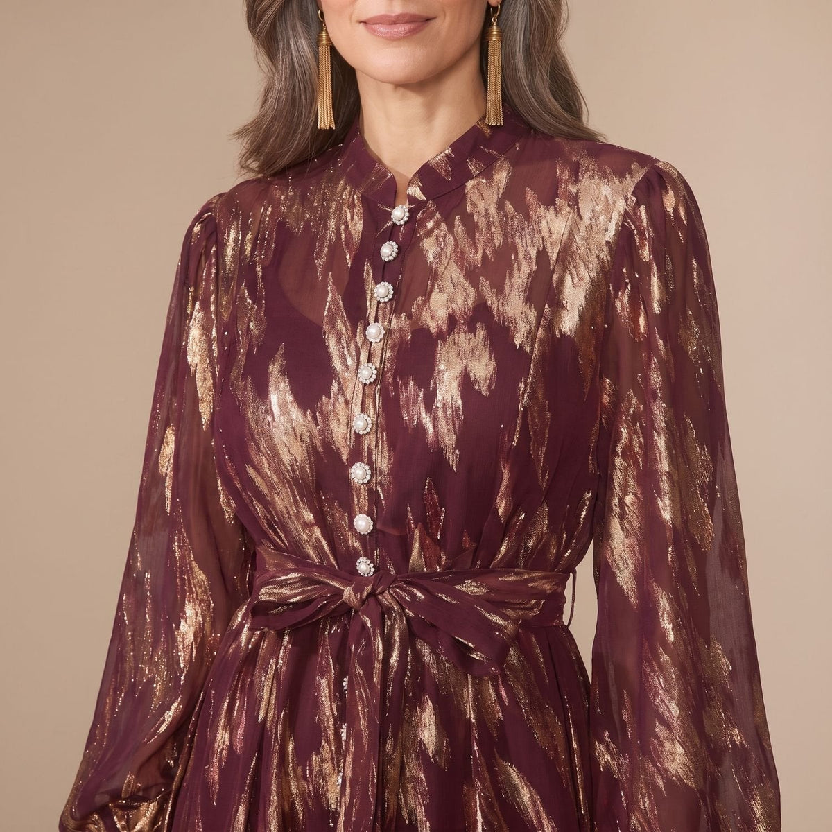 Penelope | Women's Metallic Puff-Sleeve Button-Front Maxi Dress