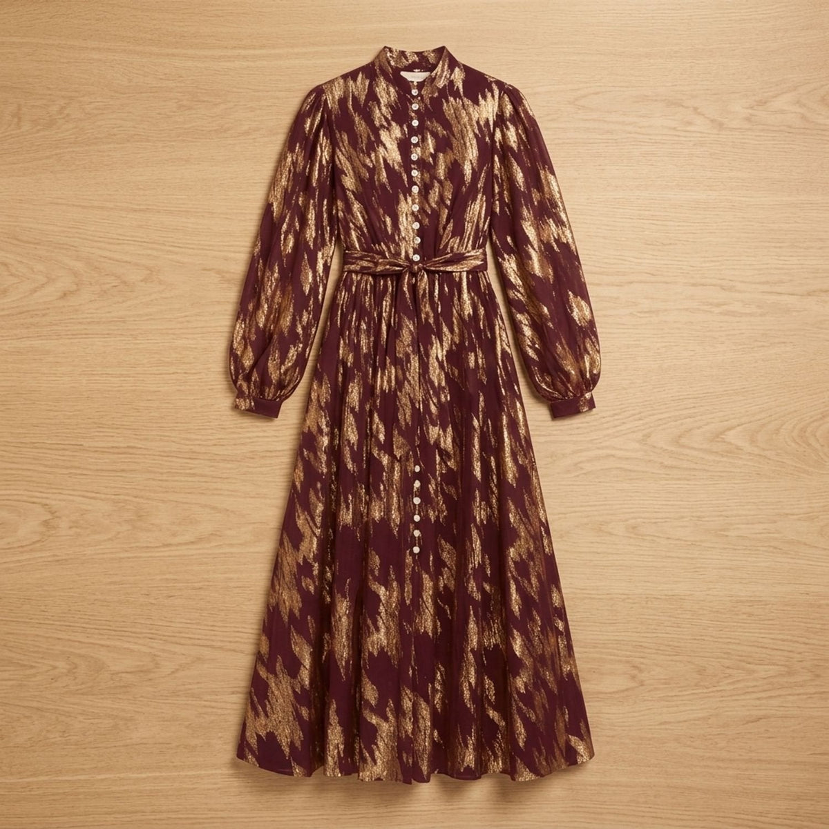 Penelope | Women's Metallic Puff-Sleeve Button-Front Maxi Dress